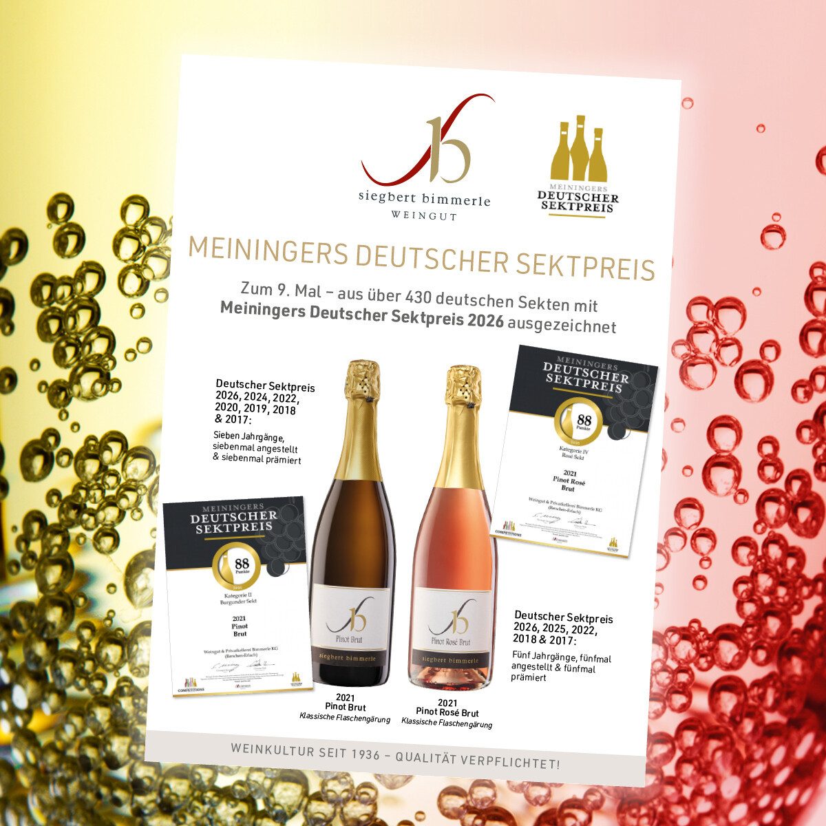 Unsere Winzersekte 2021 Pinot Brut und 2021 Pinot Ros� Brut haben den Meiningers Deutscher Sektpreis 2026 erhalten
